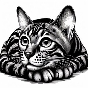 May include: Black and white illustration of a Bengal cat lying down with its head resting on its paws. The cat has a striped pattern and large, round eyes.