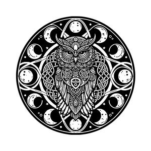 May include: Black and white illustration of an owl with intricate Celtic knotwork and moon phases. The owl is centered within a circular design, featuring detailed patterns and a symmetrical composition. The artwork is suitable for various applications.
