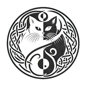 Peut inclure: Symbole yin yang noir et blanc avec un visage de chat de chaque côté, entouré d'un motif de nœud celtique.