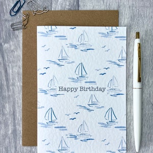 Watercolour Sailing Happy Birthday Card - Summer, Yachting, Nautical and Sailboats Celebration Card