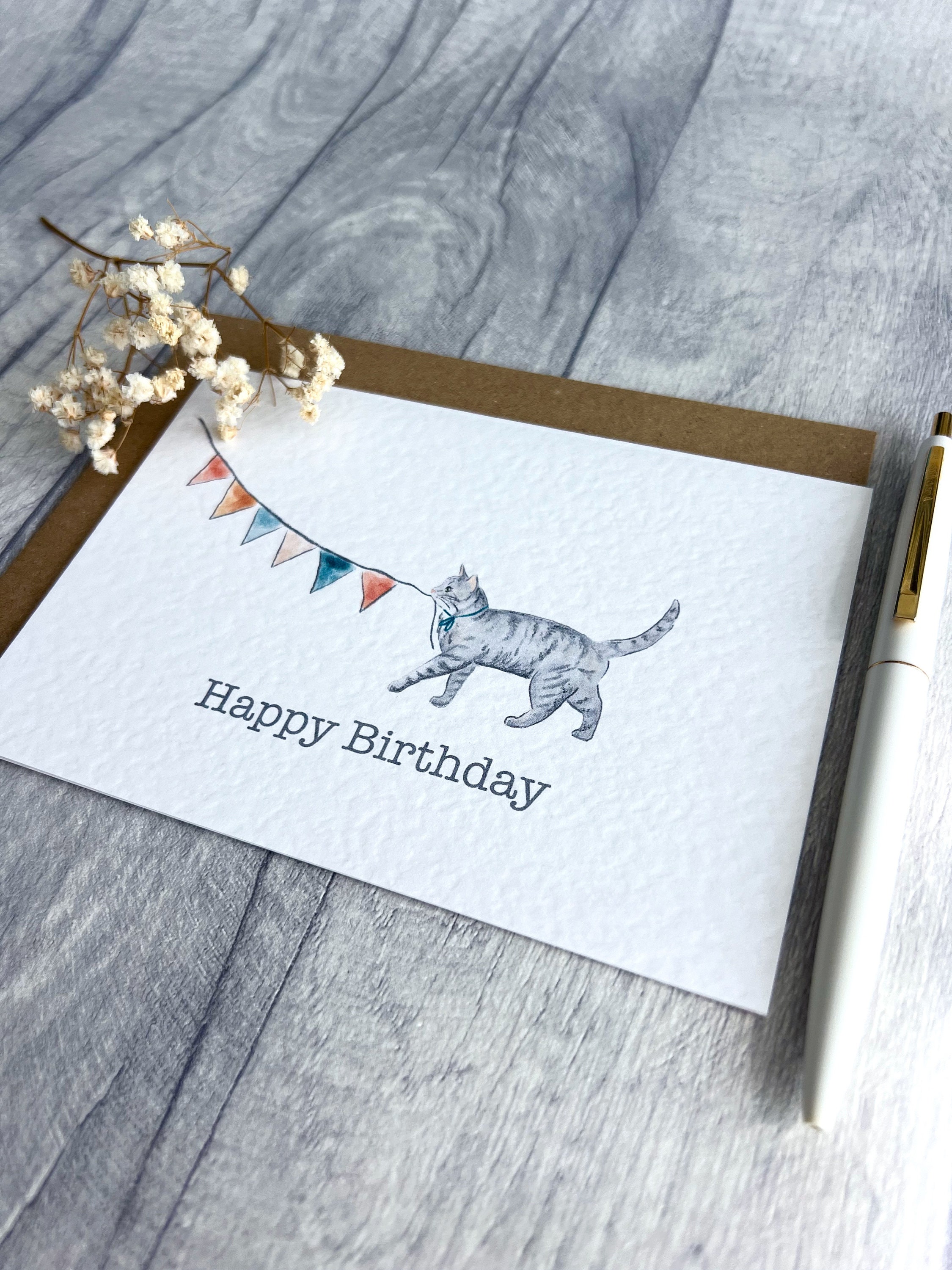 Grey Cat Birthday Card - Tabby Cat Celebration Card, Cute Cat Happy ...
