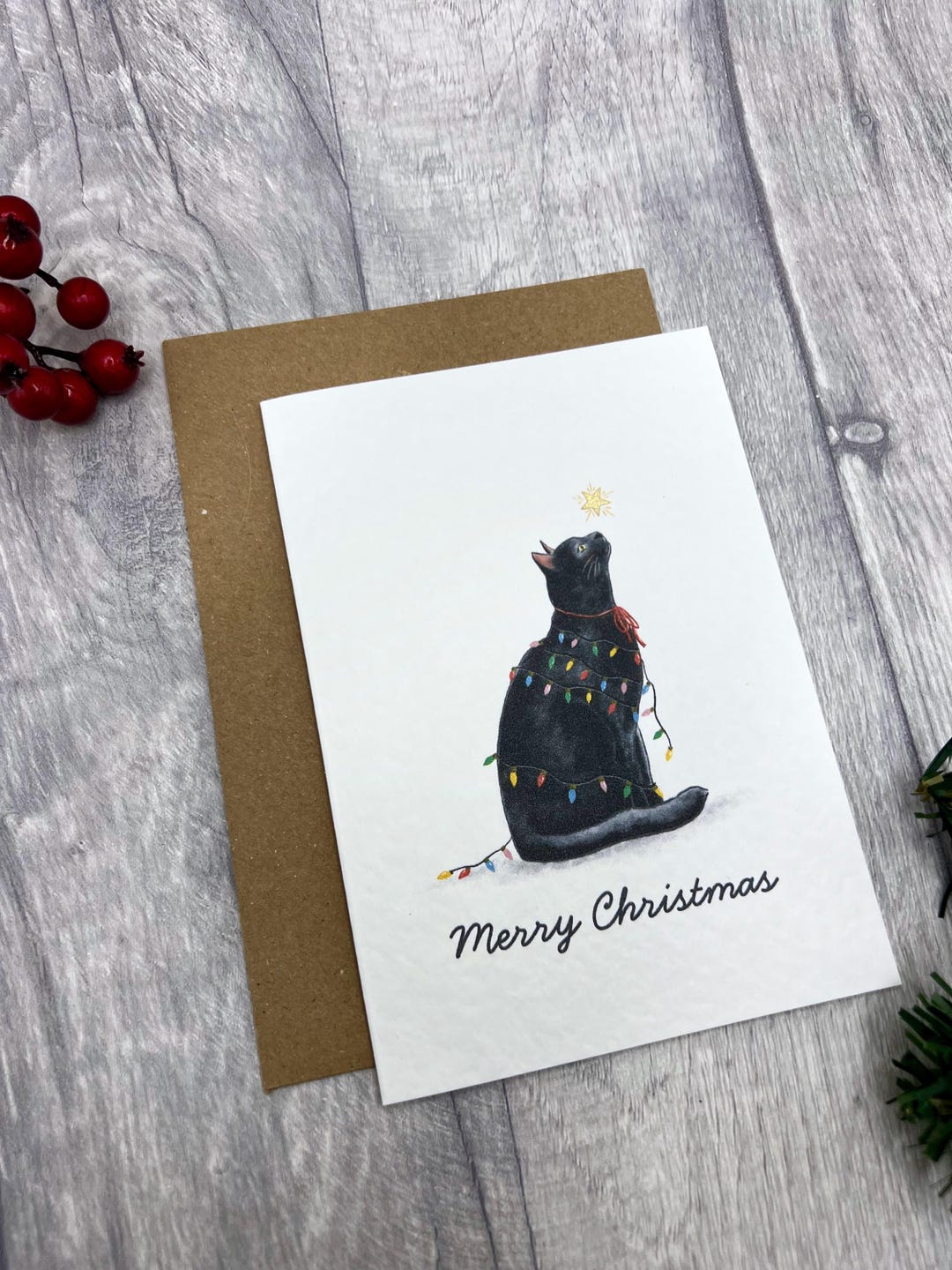 Cute Black Cat Christmas Card A6 — Funny Black Cat Wrapped in Lights ...