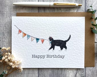 Cute Black and White Cat Tuxedo Birthday Card - Personalised cat card, cute celebration cat card, birthday card, A6, Landscape