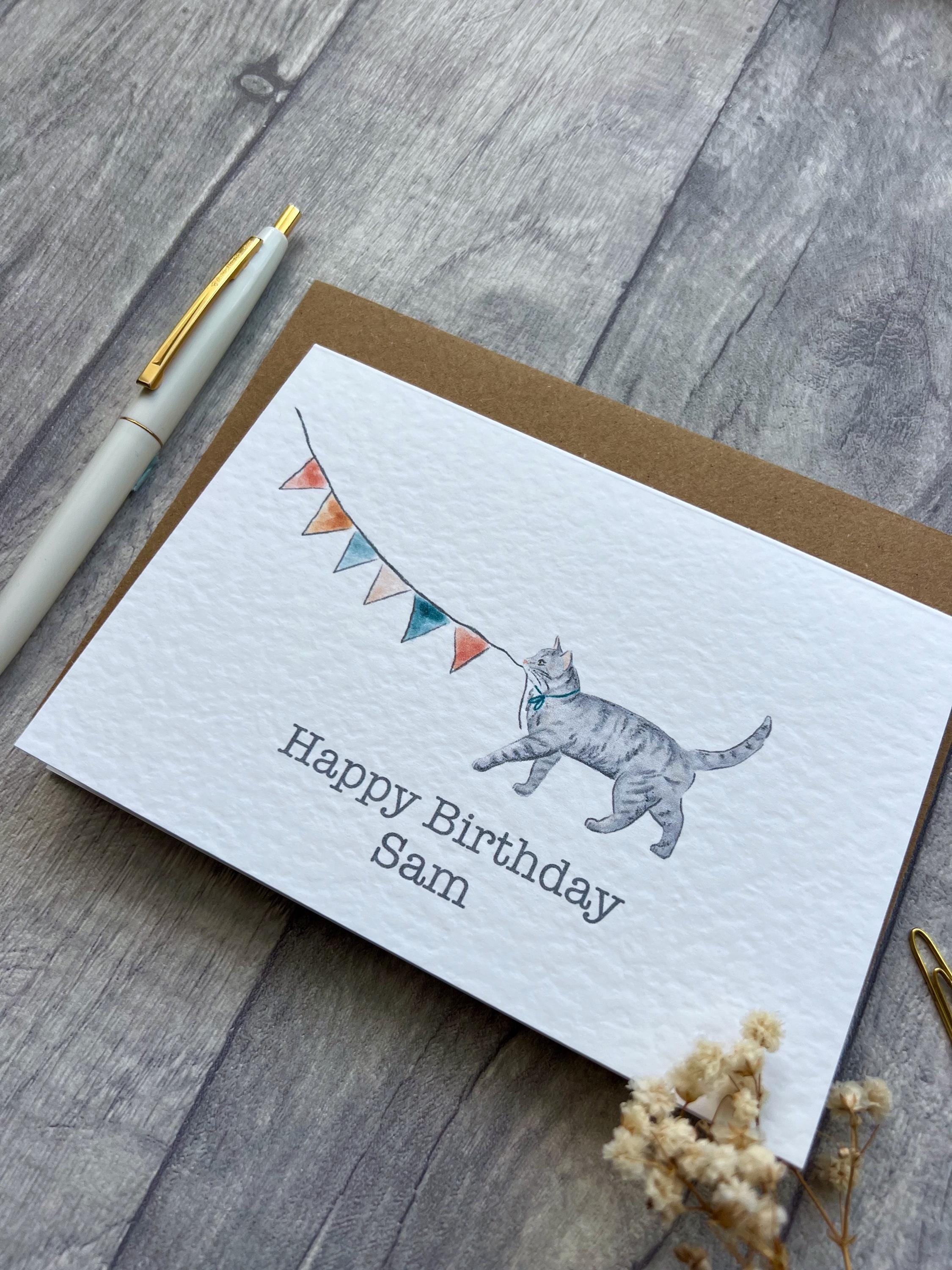 Grey Cat Birthday Card - Tabby Cat Celebration Card, Cute Cat Happy ...