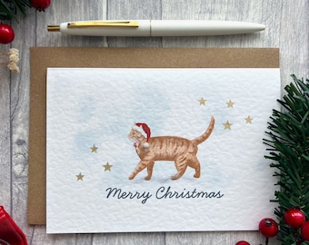 Adorable Ginger Cat Christmas Santa Hat Card, Merry Christmas Personalised Ginger Tabby cat card, Blank Festive Cat lover card, Xmas Card