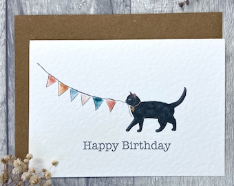 Black Cat Birthday Card - Personalised cat card, celebration card, birthday card, A6, Landscape