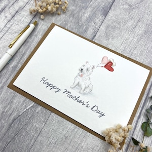 Carte de fête des mères chien Westie - carte personnalisée parfaite pour maman, mignon chien West Highland Terrier avec carte de voeux coeur ballons