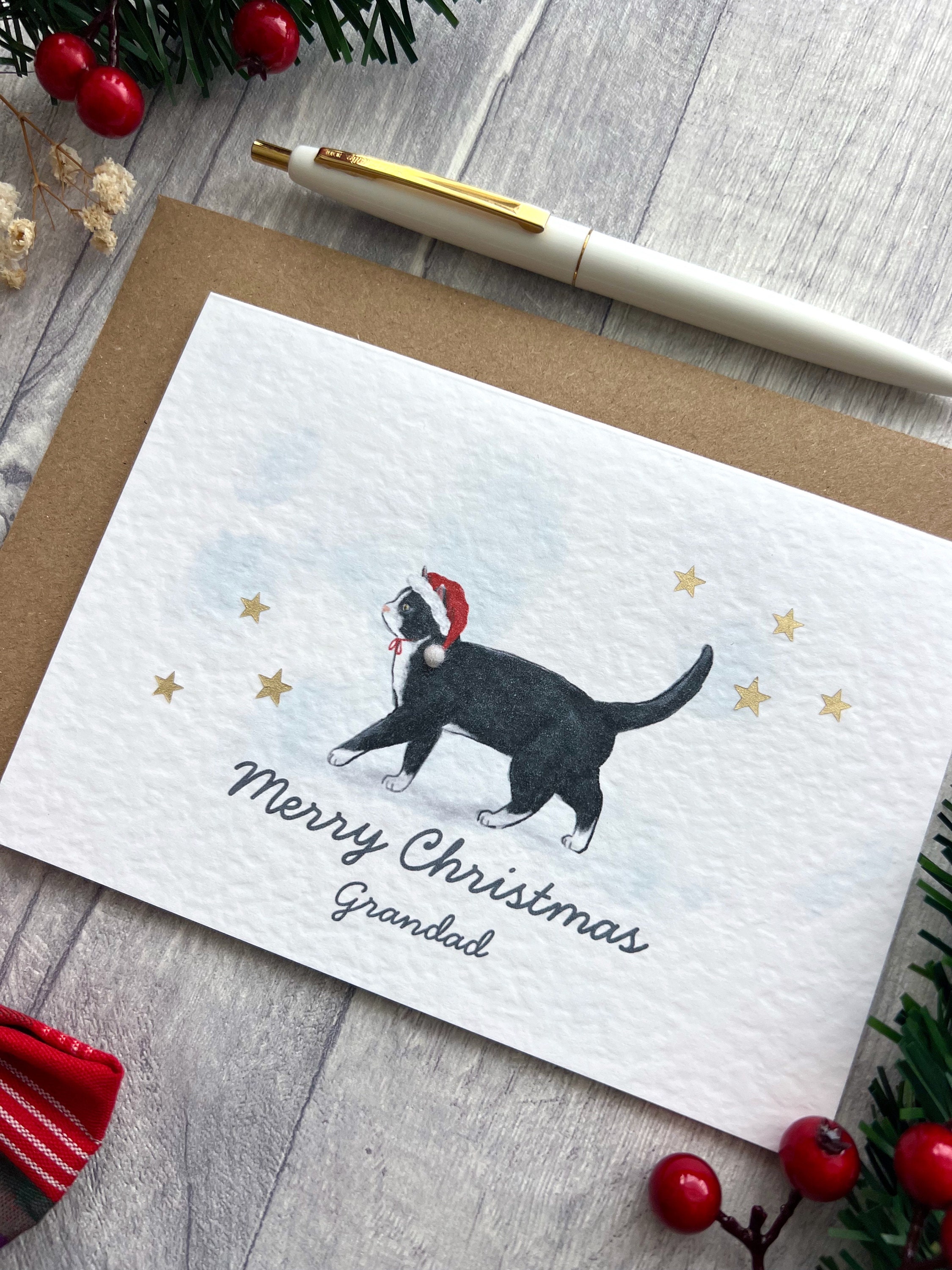 Cute Black Cat Christmas Card Santas Hat, Merry Christmas Personalised ...