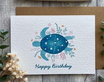 Floral Sea Turtle Birthday Card - Beautiful turtle blank card, Under the sea celebration card, sea turtle gift, ocean Happy Birthday card