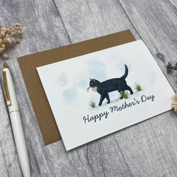 Black Cat Happy Mother's Day Card - Personalised Card Perfect for Loved Ones, Cute Floral Mum cat card, Beautiful Card for Cat lovers