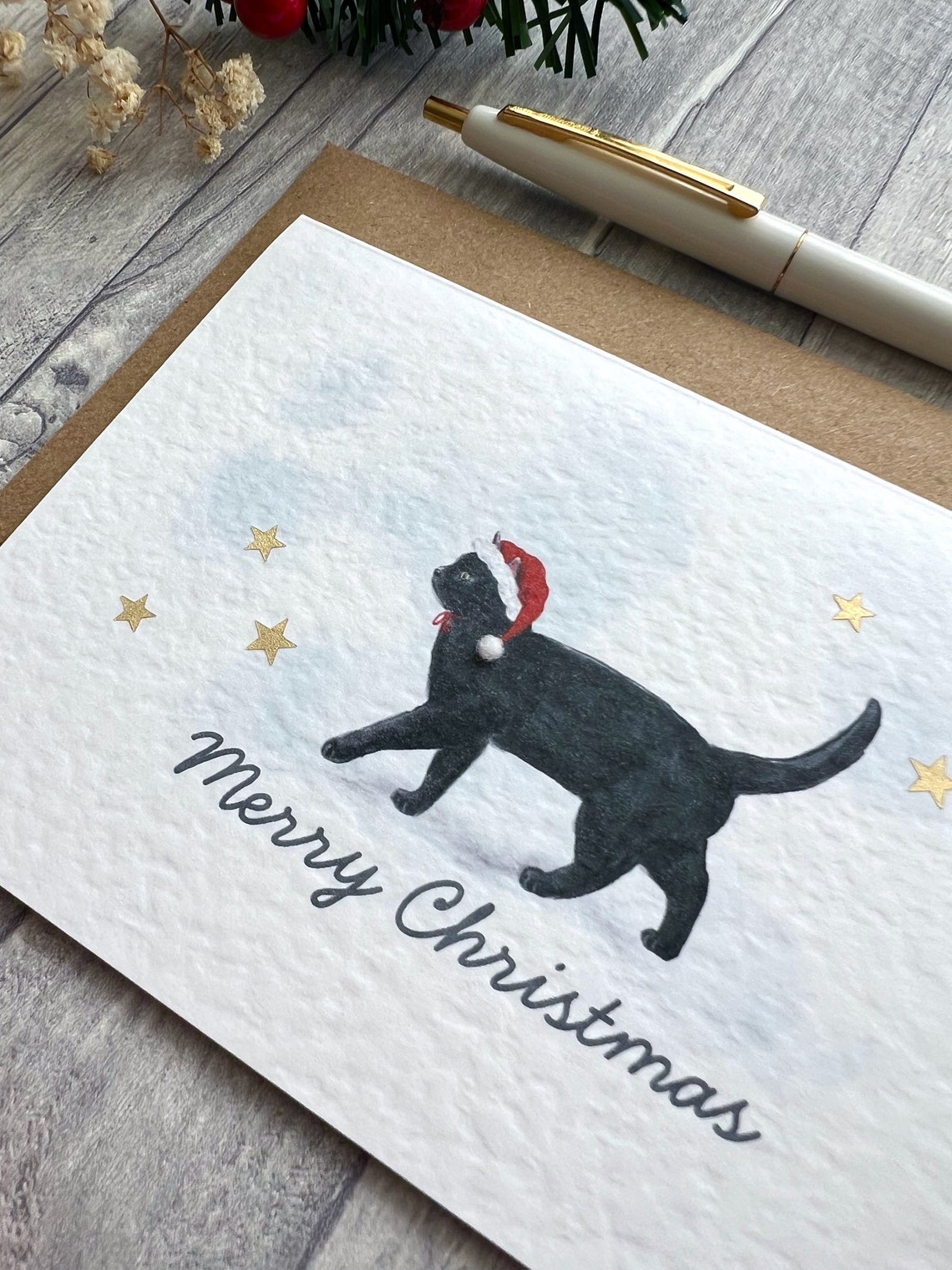 Cute Black Cat Christmas Card Santas Hat, Merry Christmas Personalised ...