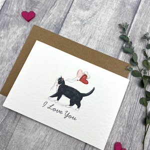 Carte de smoking mignon chat noir et blanc, je t'aime - carte de chat mignon personnalisée, carte de joyeux anniversaire, carte de Saint-Valentin pour les amoureux des chats