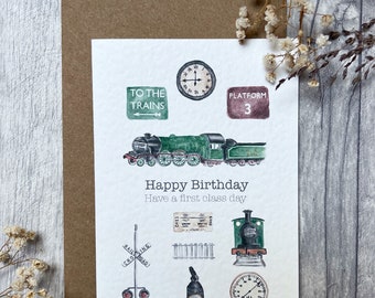 Train Birthday Card, Watercolour Train Happy Birthday Card, Flying Scotsman Card, Steam Train Card, Watercolour card, Train Lover Gift
