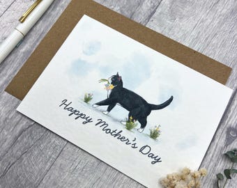 Black and White Cat Tuxedo Mother's Day Card - Cute Personalised Floral Mum cat card, Step Mum card, Beautiful Card for Cat lovers