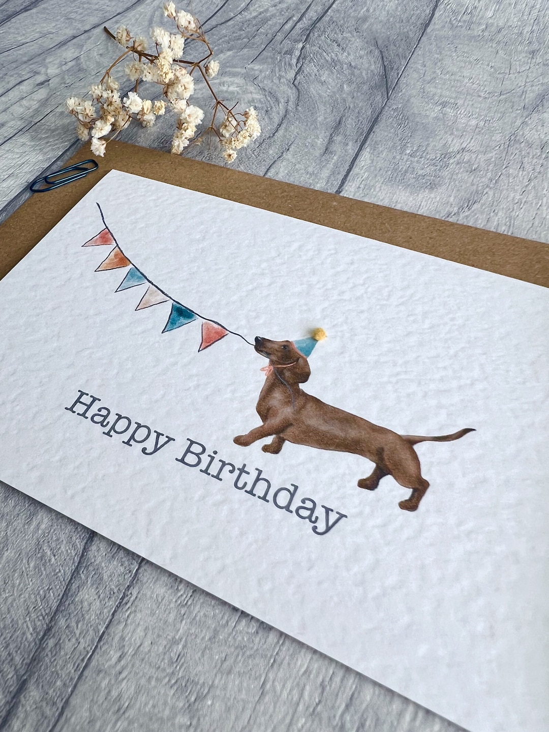 Dachshund Pom Pom Party Hat Birthday Card - Funny Brown Sausage Dog ...