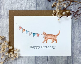 Ginger Cat Birthday Card - Personalised cat card, celebration card, birthday card, A6, Landscape