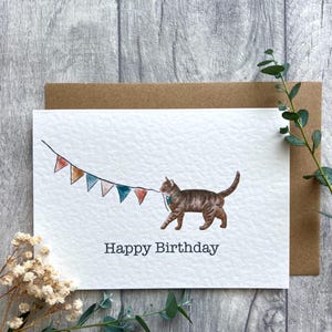Cute Brown Tabby Cat Birthday Card - Personalised Tabby cat card, cute celebration brown short haired cat card, birthday card, A6, Landscape