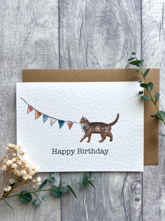 Cute Brown Tabby Cat Birthday Card - Personalised Tabby cat card, cute celebration brown short haired cat card, birthday card, A6, Landscape