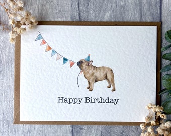 Frenchie Party Hat Happy Birthday Card, Cute Fawn French Bulldog Celebration Card, Unique Personalise Dog Lover Blank Card, beige Frenchie