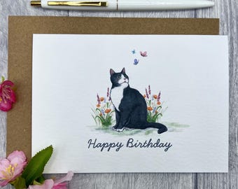 Happy Birthday Tuxedo Black and White Cat Wildflower Floral Card