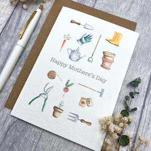 Jardinage carte de fête des mères - carte de voeux de lotissement, carte de maman d'amant de jardin de style aquarelle, carte d'outils de jardin mignon