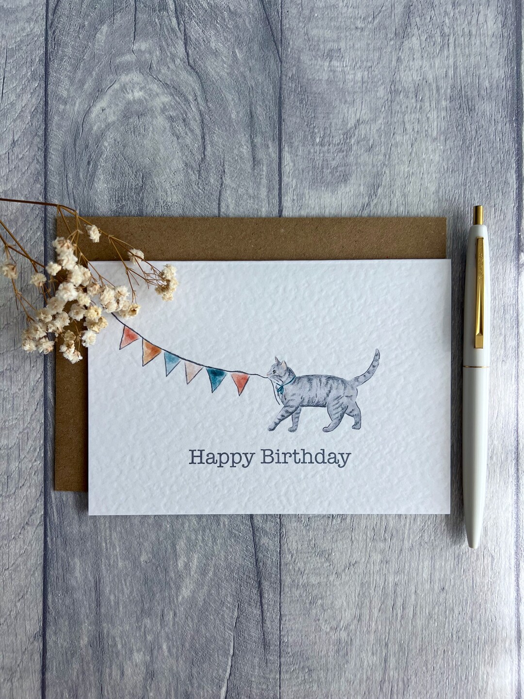 Grey Cat Birthday Card - Tabby Cat Celebration Card, Cute Cat Happy ...