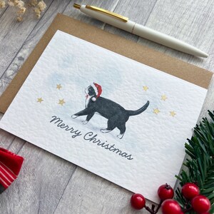 かわいい白黒猫のクリスマスサンタ帽子カード、メリークリスマスパーソナライズされたタキシード猫カード、空白のお祝い猫愛好家カード、クリスマスカード