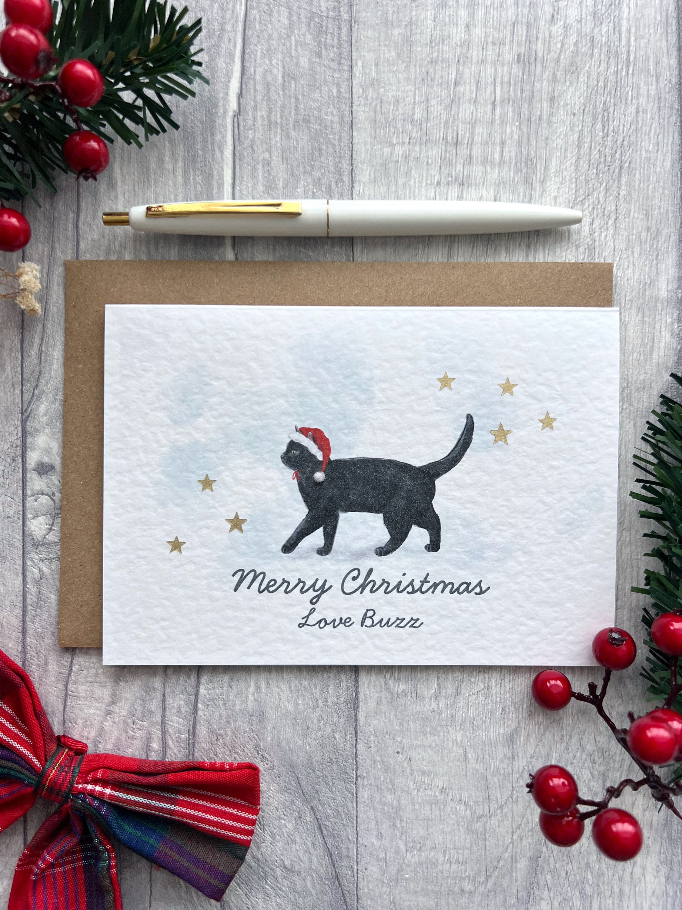 Cute Black Cat Christmas Card Santas Hat, Merry Christmas Personalised ...