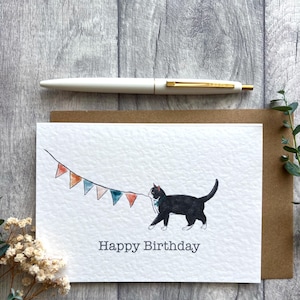 Jolie carte d'anniversaire de smoking de chat noir et blanc - carte de chat personnalisée, jolie carte de chat de célébration, carte d'anniversaire, A6, paysage