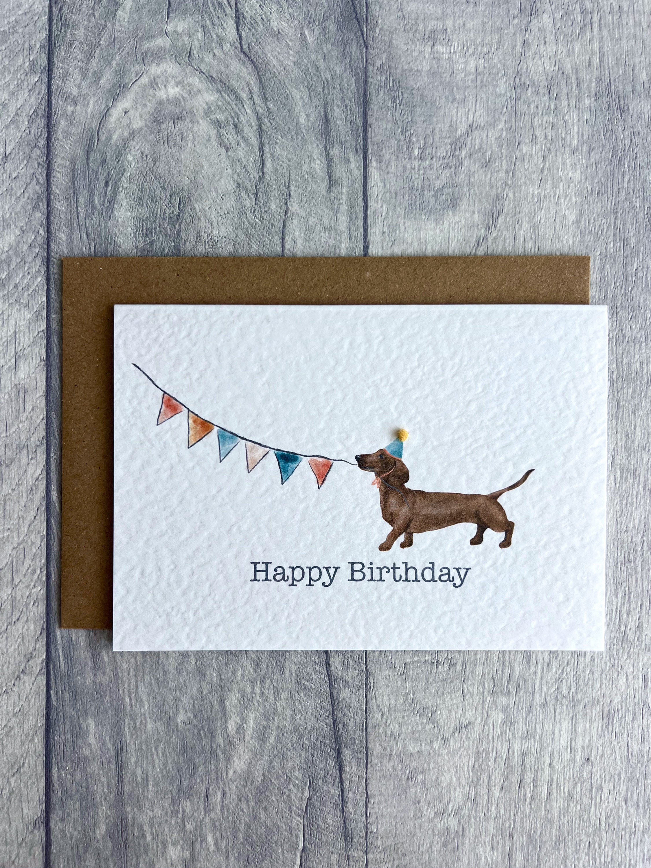 Dachshund Pom Pom Party Hat Birthday Card - Funny Brown Sausage Dog ...