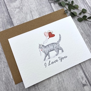 Carte je t'aime chat tigré gris - ronronnement de carte personnalisé pour ceux que vous aimez, carte de chat d'anniversaire, carte de Saint-Valentin pour les amoureux des chats