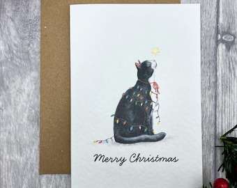 Mischievous Tuxedo Cat Merry Christmas Card - Happy Christmas Blank Black and white Festive Cat lover card, Unique Xmas Card