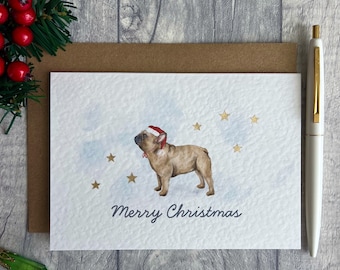 Adorable Christmas Frenchie Santa Card, Cute Merry Christmas Fawn French Bulldog card, Unique Festive Xmas Blank Greeting card for dog lover