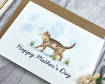 Brown Tabby Cat Happy Mother's Day Card - Personalised Card Purr-fect for Loved Ones, Floral Mum cat card, Beautiful Card for Cat lovers