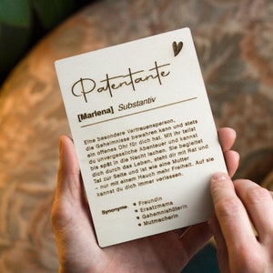 Patentante fragen: Patenbrief aus Holz für Patentante personalisiert "Patentante" Definition Karte Taufpaten Geschenkidee Holzkarte