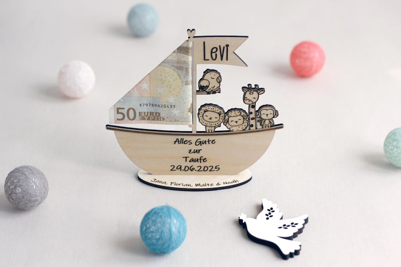 Money gift for baptism Noah's Ark Baptism gift for children Personalized money gift godparent for birth Communion Confirmation Birthday image 1