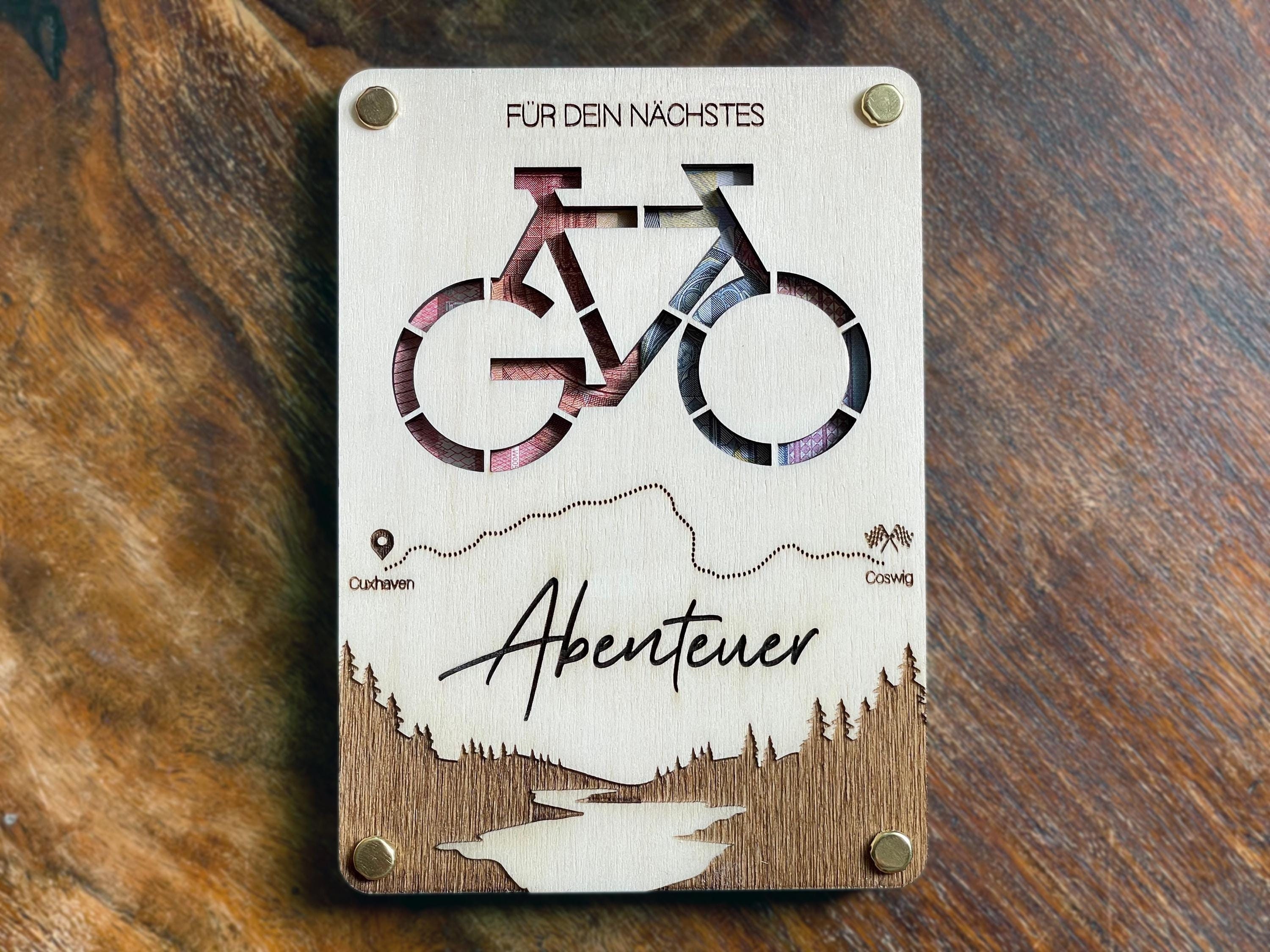 Fahrradtour Geldgeschenk zur Reisekasse Holzkarte Reisegutschein Geldgeschenk zur Reise Personalisiertes Geschenk für Radfahrer Mountainbike