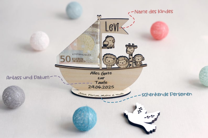Money gift for baptism Noah's Ark Baptism gift for children Personalized money gift godparent for birth Communion Confirmation Birthday image 2