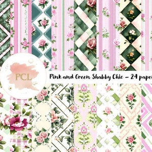 Shabby Chic Pink and Green Digital Paper, Floral Rose Seamless Patterns, Vintage Scrapbooking, Romantic Craft Supplies, Printable Background