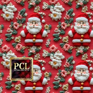 Op de afbeelding: Een rood en wit kerststofpatroon met een herhalend ontwerp van de kerstman en bloemmotieven. De stof heeft een vintage stijl en is perfect voor knutselprojecten.