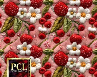 3D Felted Strawberry Flower Pattern: Seamless Fabric Sublimation (Digital Download)