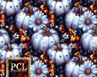 Blue Pumpkin Flower Pattern: Elegant Fall Fabric Sublimation (Digital Download)