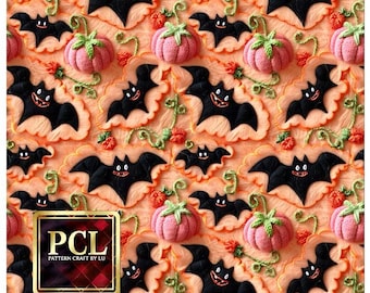 3D Halloween Bat and Pumpkin Embroidery Pattern: Seamless Fabric Sublimation (Digital Download)
