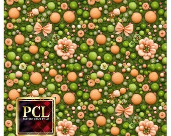 Floral Bow Pattern: Green & Peach Seamless Design (Digital Download)