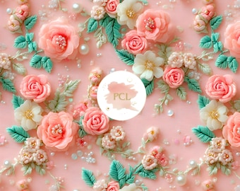 Floral Embroidered Digital Paper: Pink Roses & Pearl Accents (12x12, 300 DPI) (Digital Download)