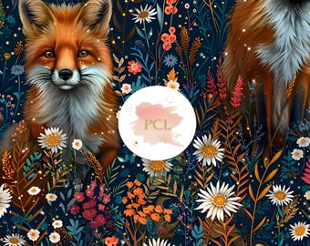 Autumn Fox Floral Seamless Pattern, Woodland Print (Digital Download)