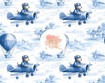 Blue Toile Teddy Bear Digital Paper: Vintage Nursery Pattern (JPG)