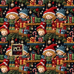 May include: A repeating pattern of embroidered Christmas elves with presents and candy canes on a dark blue background. The elves are wearing red and white hats and have rosy cheeks. The presents are wrapped in red and green paper and tied with white ribbon. The candy canes are red and white.