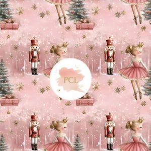 May include: A pink and white seamless pattern featuring a ballerina, a nutcracker, a Christmas tree, and snowflakes. The pattern is perfect for fabric, wallpaper, or wrapping paper.