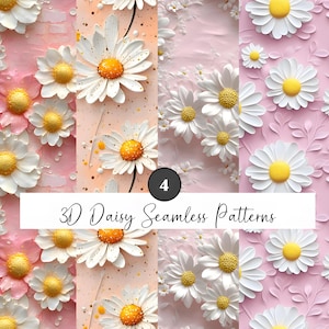 May include: Four seamless patterns featuring 3D white daisies with yellow centers on a pink background. The text "3D Daisy Seamless Patterns" is displayed at the bottom of the image.